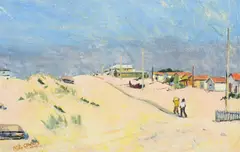 Beach scene by Noël Coward, oil, sold Jul 2023