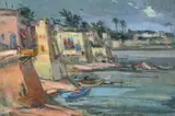 Middle eastern coastal port, with boats in the docks by Khaled Al-jadir, Oil on canvas, offered Jul 2023