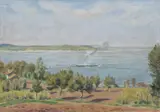 Landscape with steamboat, near mannenbach by Hans Sturzenegger, Oil on canvas, sold Jul 2023