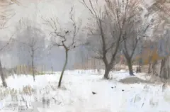 Snow in the orchard by Edward Seago, Oil on board, sold Jul 2023