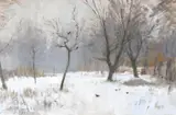 Snow in the orchard by Edward Seago, Oil on board, sold Jul 2023
