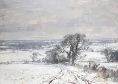 Norfolk fields under snow by Edward Seago, Oil on board, sold Jul 2023