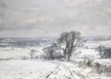 Norfolk fields under snow by Edward Seago, Oil on board, sold Jul 2023