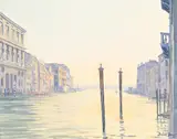 The grand canal, venice, early morning by Julian Barrow, oil, sold Jul 2023