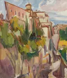 The garden and tower of the sacristy, cuenca cathedral by David Bomberg, 1934, oil, sold Jul 2023