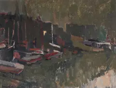 Thames barges by David Bomberg, 1937, oil, sold Jul 2023