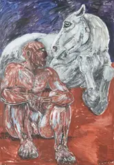 Untitled (man and horse) by Elisabeth Frink, Acrylic, charcoal and chalk, sold Jul 2023