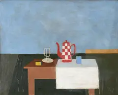 Still life with chequered jug by Kenneth Rowntree, oil, sold Jul 2023