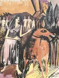 Woman with donkey by John Minton, watercolor, sold Jul 2023