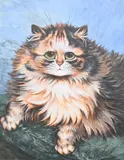 Seated tabby cat by Louis Wain, watercolor, sold Jul 2023