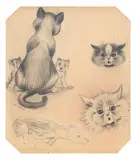 Cats, kittens and a running dog, studies from a sketchbook by Louis Wain, drawing, sold Jul 2023
