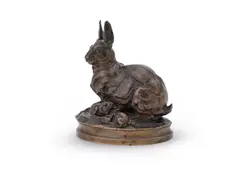 A bronze model of a rabbit suckling by Alphonse Alexandre Arson, BRONZE, sold Jun 2023