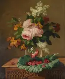 Still life with roses and raspberries by Thomas Ellis, oil, sold Jun 2023