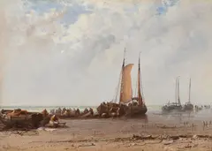 Fisherfolk sorting their nets on schouen sands by Arthur Joseph Meadows, oil, sold Jun 2023