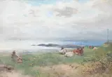 Girl and cattle on the cliffs by Otto Theodor Leyde, oil, sold Jun 2023