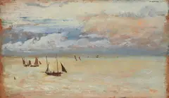 Fishing smacks off the cornish coast by Otto Scholderer, Oil on panel13 x, sold Jun 2023