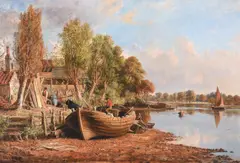 The bank of the thames, near kew by Jacob George Strutt, oil, sold Jun 2023