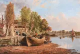 The bank of the thames, near kew by Jacob George Strutt, oil, sold Jun 2023