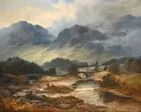 A highland landscape with anglers by a river by George Blackie Sticks, oil, offered Jun 2023