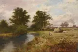 Harvesters at the river bend by Henry Deacon Hillier-Parker, oil, sold Jun 2023