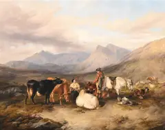 Highland landscape with figures and animals by Thomas Sidney Cooper, oil, sold Jun 2023