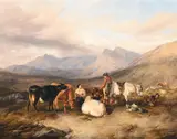 Highland landscape with figures and animals by Thomas Sidney Cooper, oil, sold Jun 2023