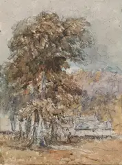 Cottages in woodland, possibly near bettws-y-coed, north wales by David Cox Senior, watercolor, sold Jun 2023