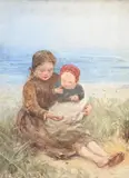 Sibilings on the beach by Otto Theodor Leyde, watercolour, offered Jun 2023