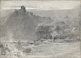 Corfe castle by Albert Goodwin, Pen and ink, monochrome wash and white chalkSigned, sold Jun 2023
