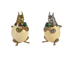 A near pair of nut holders formed as seated squirrels with ostrich egg bodies by Anthony Redmile, sculpture, sold Jun 2023