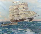 Clipper ship at sea with rowing boat alongsideoil on by Neville Sotheby Pitcher, oil on canvas, sold Dec 2023