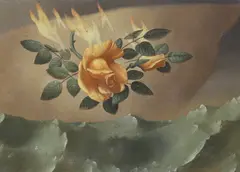 Roses burning over the sea by John Armstrong, oil on board, sold Dec 2023