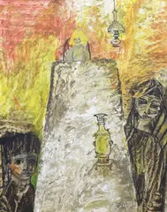 Interior with figures around a table by Beryl Bainbridge, oil on board, sold Dec 2023