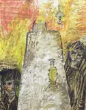 Interior with figures around a table by Beryl Bainbridge, oil on board, sold Dec 2023