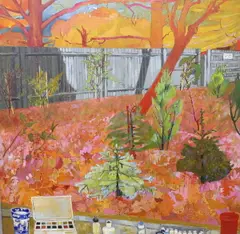 Autumn garden scene by Christine Kubrick, oil on canvas, sold Dec 2023