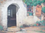 Study of a cottage doorway by Charles Perron, oil on board, sold Dec 2023