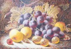 Still life with grapes, apples and gooseberries by Oliver Clare, oil on canvas, sold Dec 2023