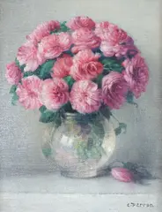 Still life of flowers in a vase by Charles Perron, oil on canvas, sold Dec 2023