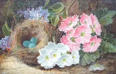 ‘’Still life with a Robins nest and apple blossom’’ by Oliver Clare, oil on canvas, sold Dec 2023