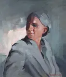 Study of a figure in blue by J. Goodman, oil on board, sold Dec 2023