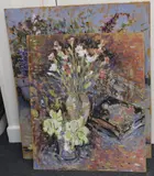 Still lifes of flowers by Michael John Baker, oil, sold Dec 2023