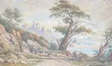 Flock of sheep before castle ruins by John Varley, watercolour, sold Dec 2023