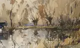 Lakeside landscape with trees by Edward Wesson, watercolour, sold Dec 2023