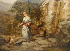 Feeding chickens by Edward John Cobbett, oil on card, sold Nov 2023