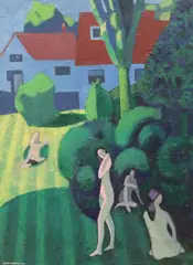 Nude sunbathing by Alan Tabrum, 2000, oil on board, sold Nov 2023