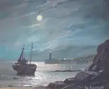 Moonlit coastal landscape with lighthouse by Don Micklethwaite, oil on canvas board, sold Nov 2023