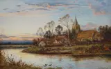 River landscape with church and cottages by Daniel Sherrin, oil on canvas, sold Nov 2023