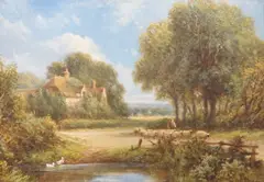 Shepherd and sheep in a landscape by Henry Maidment, oil on board, sold Nov 2023