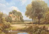 Shepherd and sheep in a landscape by Henry Maidment, oil on board, sold Nov 2023