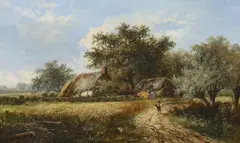 Cornfields before thatched cottages by Joseph Thors, oil on canvas, sold Nov 2023